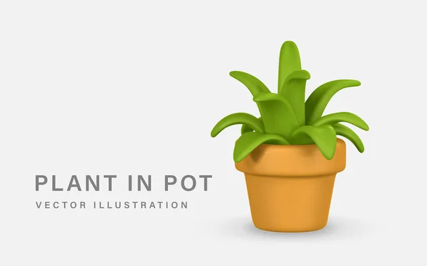 stock vector 3d realistic cute green plant in pot in cartoon style isolated on light background. Vector illustration.