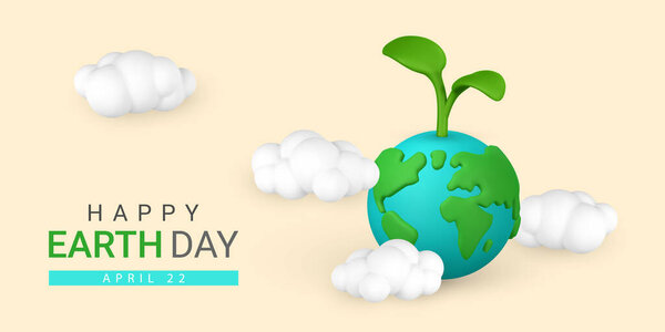 Дизайн рекламного баннера с Днем Земли. 3D мультфильм Земля с облаками. Векторная иллюстрация.