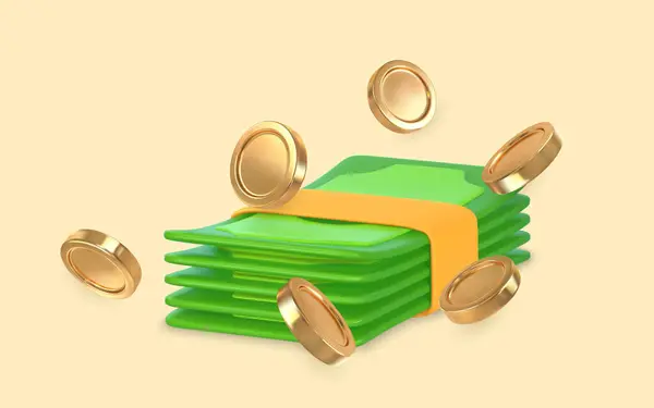 Πράσινο Στοίβα Των Χρημάτων Και Χρυσά Νομίσματα Στυλ Κινουμένων Σχεδίων — Διανυσματικό Αρχείο