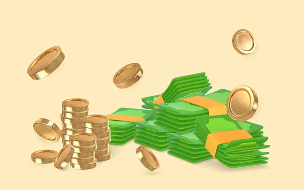 Πράσινο Στοίβα Των Χρημάτων Και Χρυσά Νομίσματα Στυλ Κινουμένων Σχεδίων — Διανυσματικό Αρχείο
