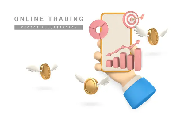 3D股票在线交易与手机 投资图表和动画风格的飞金硬币 矢量说明 — 图库矢量图片