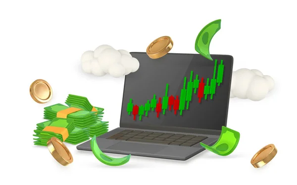 Negociação Line Estoque Com Laptop Gráfico Investimento Voar Pilha Dinheiro — Vetor de Stock