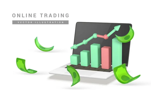 Obchodování Burze Notebookem Investiční Graf Létání Stohu Peněz Karikaturním Stylu — Stockový vektor