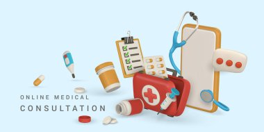 Online tıbbi danışmanlık pankartı. Çevrimiçi tıp ve sağlık tasarımı konsepti. Modern doktor aksesuarları. Vektör illüstrasyonu.
