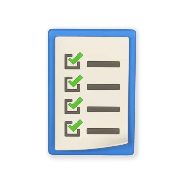 Panodaki gerçekçi 3D kontrol listesi. Belgeli pano. Çizgi film tarzında iş, ofis ve eğitim kavramı. Vektör illüstrasyonu.