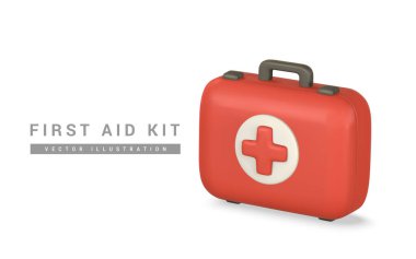 3D gerçekçi ilk yardım çantası, çizgi film tarzında acil durum kutusu. Hastane doktoru çantası. Güvenlik sembolü, acil yardım. Eczane reklamı. Vektör illüstrasyonu.