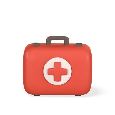 3D gerçekçi ilk yardım çantası, çizgi film tarzında acil durum kutusu. Hastane doktoru çantası. Güvenlik sembolü, acil yardım. Eczane reklamı. Vektör illüstrasyonu.