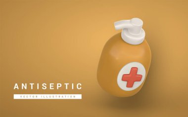 Gerçekçi 3D antiseptik sıvı el dezenfektanı çizgi film tarzında sabun dezenfektan pompa şişesi. Vektör illüstrasyonu.