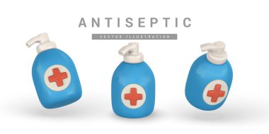 Gerçekçi 3D antiseptik sıvı el dezenfektanı çizgi film tarzında sabun dezenfektan pompa şişesi. Vektör illüstrasyonu.