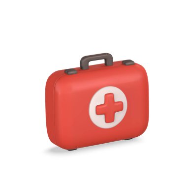 3D gerçekçi ilk yardım çantası, çizgi film tarzında acil durum kutusu. Hastane doktoru çantası. Güvenlik sembolü, acil yardım. Eczane reklamı. Vektör illüstrasyonu.