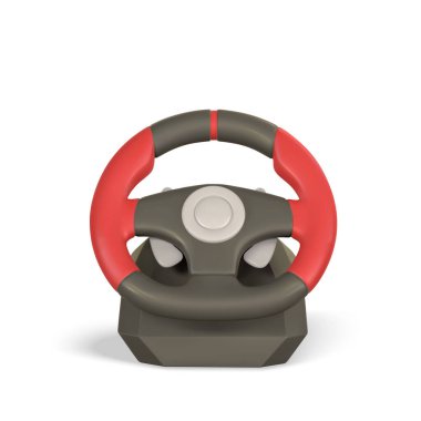 Gerçekçi 3D oyun direksiyonu. Oyun çubuğu, kumanda, video oyun konsolu. Oyun konsepti. Vektör illüstrasyonu.