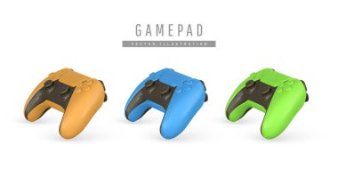 Çizgi film tarzında gerçekçi 3D oyun bloknotu. Oyun çubuğu, kumanda, video oyun konsolu. Oyun konsepti. Vektör illüstrasyonu.