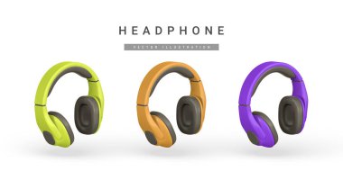 Plastik karikatür tarzında 3D gerçekçi kulaklık. Vektör illüstrasyonu.