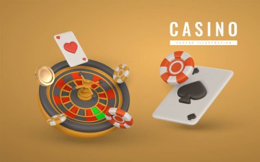 Gerçekçi 3 boyutlu kumarhane oyunu konsepti. Rulet çarkı, oyun kartları, poker fişleri, altın para. Kumar konsepti. Vektör illüstrasyonu.
