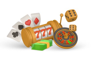 Gerçekçi 3 boyutlu kumarhane oyunu konsepti. Rulet çarkı, kumar makinesi, iskambil kartları, poker fişleri, zar. Kumar konsepti. Vektör illüstrasyonu.