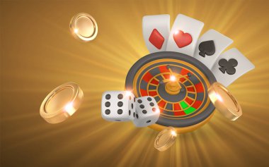 Gerçekçi 3 boyutlu kumarhane oyunu konsepti. Rulet çarkı, iskambil kağıdı, zar, altın para. Kumar konsepti. Vektör illüstrasyonu.