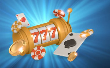 Gerçekçi 3 boyutlu kumarhane oyunu konsepti. Kumar makinesi, iskambil kartları, poker fişleri. Kumar konsepti. Vektör illüstrasyonu.
