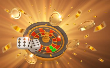 Gerçekçi 3 boyutlu kumarhane oyunu konsepti. Rulet çarkı, zar, altın para, konfeti. Kumar konsepti. Vektör illüstrasyonu