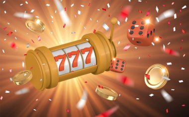 Gerçekçi 3 boyutlu kumarhane oyunu konsepti. Kumar makinesi, zar, altın para, konfeti. Kumar konsepti. Vektör illüstrasyonu.