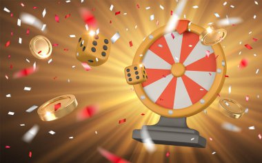 Gerçekçi 3 boyutlu kumarhane oyunu konsepti. Çarkıfelek, zar, altın para, konfeti. Kumar konsepti. Vektör illüstrasyonu.