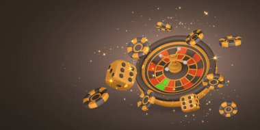 Gerçekçi 3 boyutlu kumarhane oyunu konsepti. Rulet çarkı, poker fişleri, zar. Kumar konsepti. Vektör illüstrasyonu.