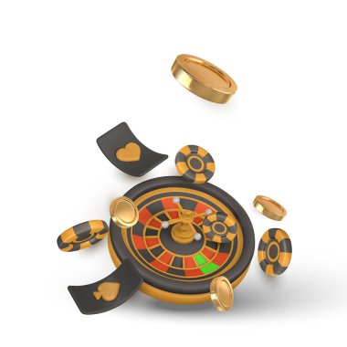 Gerçekçi 3 boyutlu kumarhane oyunu konsepti. Rulet çarkı, poker fişleri, zar. Kumar konsepti. Vektör illüstrasyonu.