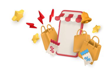 3D çevrimiçi dükkan. Alışveriş çantalı akıllı telefon. Modern online alışveriş, akıllı telefon uygulaması. Vektör illüstrasyonu.