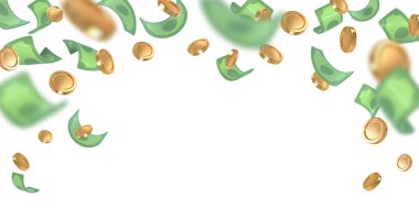 3D banknotlar ve altın paralar düşüyor. Finansal başarı kavramı. Vektör illüstrasyonu.