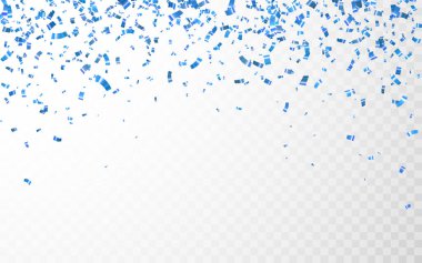 Mavi konfeti. Kutlama karnavalı parlayan parlak konfetileri düşürüyor. Lüks tebrik kartı. Vektör illüstrasyonu.