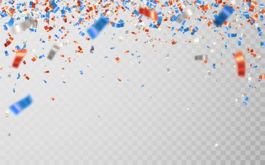 Mavi, kırmızı ve gümüş konfeti. Kutlama karnavalı parlayan parlak konfetileri düşürüyor. Lüks tebrik kartı. Vektör illüstrasyonu.