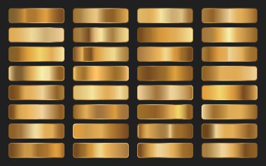 Altın metalik gradyan koleksiyonu. Altın efektli parlak tabaklar. Vektör illüstrasyonu.