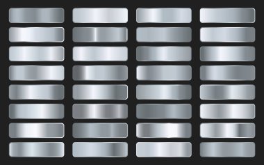 Gümüş koleksiyonu, krom metalik gradyan. Gümüş efektli parlak tabaklar. Vektör illüstrasyonu.