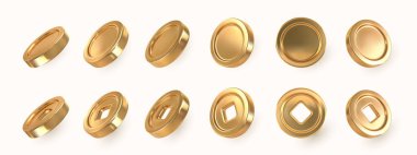 Altın sikkelerden oluşan gerçekçi bir set ve kare delikli Çin 'in eski altın sikkeleri. Vektör illüstrasyonu.