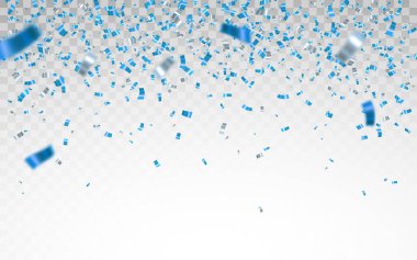 Mavi konfeti. Kutlama karnavalı parlayan parlak konfetileri düşürüyor. Lüks tebrik kartı. Vektör illüstrasyonu.