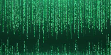 Düşen soyut rakamlar. Dijital veri teknolojisi kavramı. Yeşil fütürist siber uzay. Vektör illüstrasyonu.