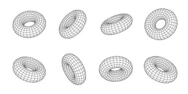 3d izometrik çizgili torus simgesi seti. Üç boyutlu vektör illüstrasyonu.