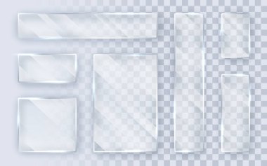 Cam tabaklar hazır. Şeffaf arkaplanda cam pankartlar. Düz cam. Vektör illüstrasyonu.
