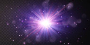 Işınlar ve parlaklıkla parlak bir ışık efekti. Işık bulanıklığı etkisi. Vektör illüstrasyonu.
