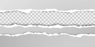 Yırtık kağıt şeritler kümesi. Kağıt dokusu ile bozuk kenar üzerinde şeffaf arka plan izole. Vektör çizim.