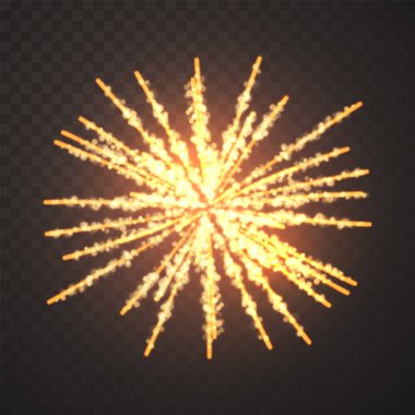 Şeffaf Karanlık Arkaplan 'da Havai fişek Patlaması Parlayan Kutlama Işığı Patlaması Tatil ve Parti Tasarım Elementleri Etkisi. Vektör İllüstrasyonu.