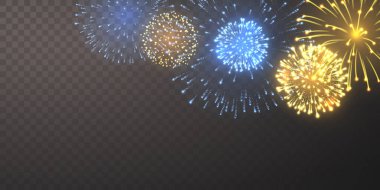 Şeffaf Arkaplanda Parlak Mavi ve Altın Işıklı Havai fişek Patlaması, Kutlama, Parti, Tatil, Yeni Yıl ve Şenlik Tasarımları İçin Mükemmel. Vektör İllüstrasyonu.