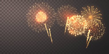 Parlayan Altın Işıklar ve Şeffaf Arkaplanda Parlayan Parıltı Patlamalarla Havai fişek Kutlaması, Yeni Yıl, Tatil ve Parti Tasarımları İçin Mükemmel. Bayram Gecesi Sahnesi. Vektör İllüstrasyonu.