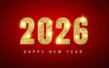 Altın Parıltısı 2026 Yeni Yıl Mesajı 'nda kırmızı arka planda ışıl ışıl ışık, bayram kutlamaları, davetiyeler ya da kutlama tasarımları için mükemmel. Yüksek Kaliteli Vektör İllüstrasyonu.