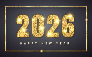 Altın Parıltısı 2026 Parlak Parıltılı Yeni Yıl Mesajı ve Karanlık Lüks Özgeçmişi tatil kartları, davetiyeler ve etkinlik afişleri için mükemmel. Yüksek Kaliteli Vektör İllüstrasyonu.