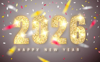 2026 Yeni Yılı Altın Parıltılı Numaralarla Kutlama, Düşen Konfeti ve Yumuşak Arkaplanda Zarif Işıklandırma. Bayram Kutlama Tasarımı Festivali. Vektör İllüstrasyonu.