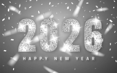 2026 Yeni Yıl Parıltılı Numaralar, parlak ışıklar ve yumuşak bir arka planda konfeti. Kutlama kartları ve pankartlar için lüks tatil partisi konsepti. Vektör İllüstrasyonu.