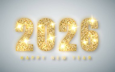 Altın 2026 Yeni Yıl Kutlama Tasarımı Parıltılı Doku ve Zarif Arkaplan Üzerindeki Işık Efektleri ile. Vektör İllüstrasyonu.