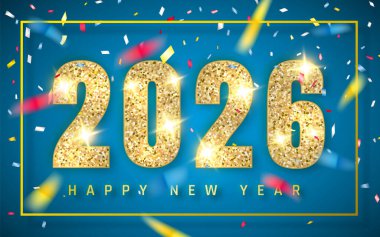 Işıltılı Altın Numaralar, Konfeti ve Mavi Arkaplan ile Yeni Yıl Kutlamalarınız kutlu olsun. Bayram Etkinlikleri ve Selamlar için Parti Tasarımı. Vektör İllüstrasyonu.