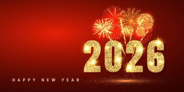 2026 Yeni Yıl Parıltılı Altın Numaralar ve Kırmızı Arkaplan 'da Havai fişekler, Neşeli Parıltılar ve Hafif Efektler, Bayram Kutlama Tasarımı. Vektör İllüstrasyonu.