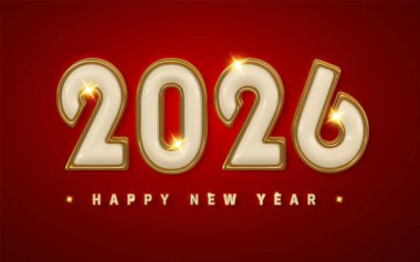 Kalın 2026 Yeni Yıl Tasarımı Parlak Altın ve Kremalı 3D Numaralar Kırmızı Arkaplanda, Bayram Kutlamaları, Etkinlikler ve Pazarlama İçin Mükemmel. Vektör İllüstrasyonu.